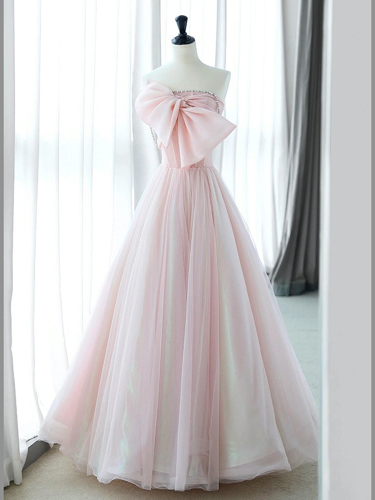 A-Line Tulle Pink Long Prom Dress, Pink Long Formal Dress