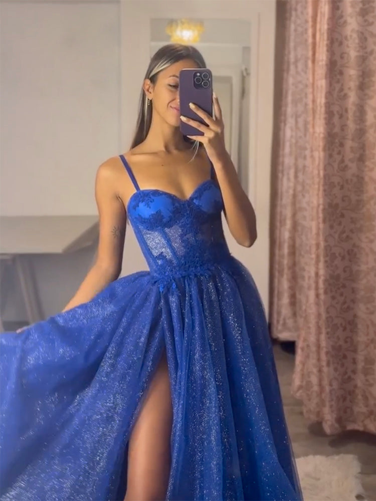 
                  
                    A-Line Sweetheart Neck Tulle Lace Blue Long Prom Dress, Blue Long Formal Dress
                  
                