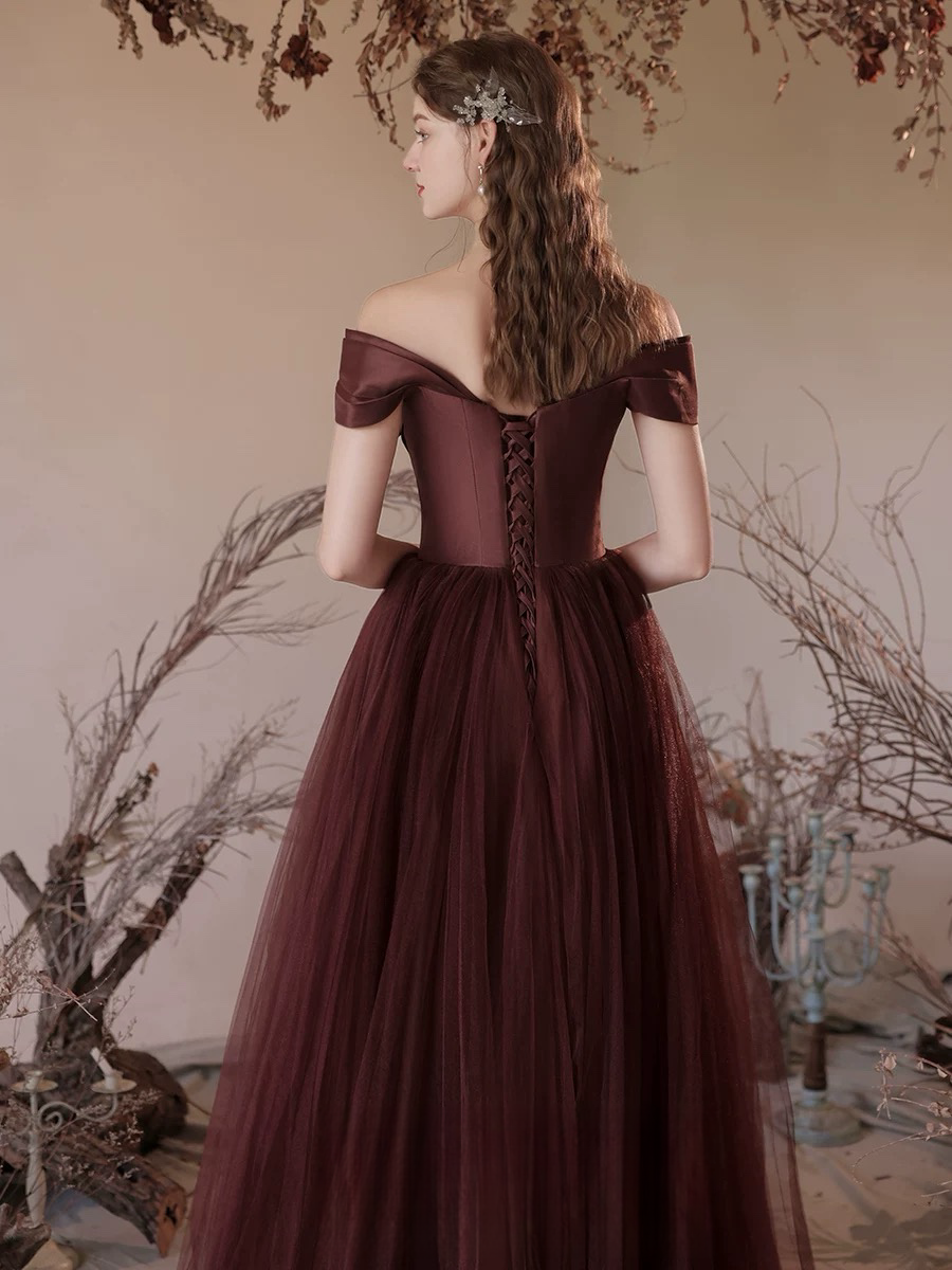 
                  
                    A-Line V Neck Satin Tulle Brown Red, Brown Red Long Formal Dress
                  
                