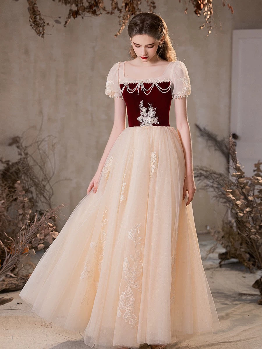 A-Line Tulle Champagne Long Prom Dress with Beads