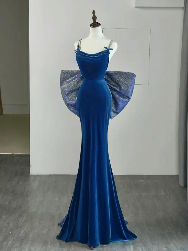 Mermaid Velvet Blue Long Prom Dress, Blue Long Formal Dress