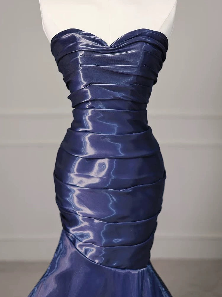 Mermaid Sweetheart Neck Water Satin Dark Blue Long Prom Dress, Dark Bl