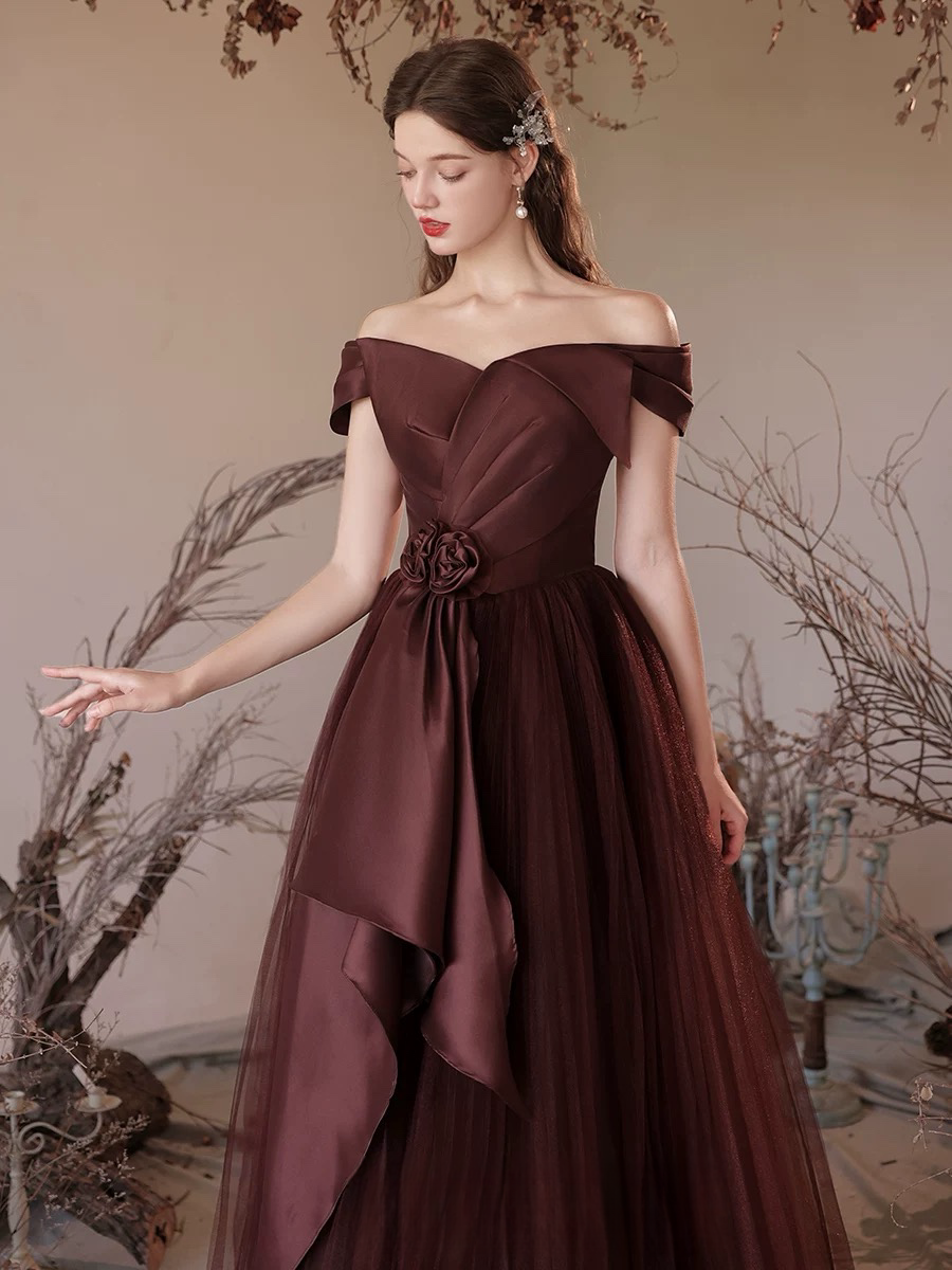 
                  
                    A-Line V Neck Satin Tulle Brown Red, Brown Red Long Formal Dress
                  
                