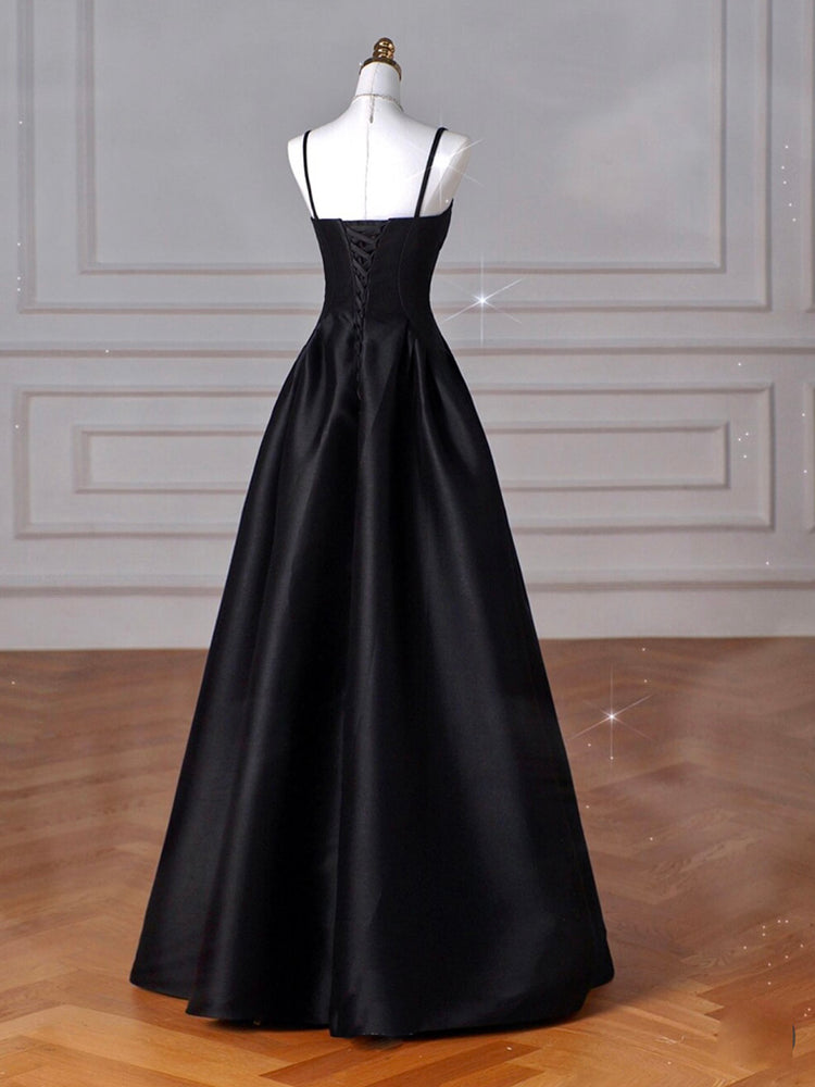 A-Line Sweetheart Neck Satin Black Long Prom Dress, Black Long Formal shdress A-Line Sweetheart Neck Satin Black Long Prom Dress, Black Long Formal shdress