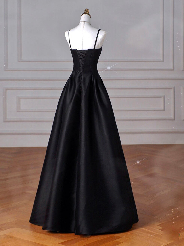 A-Line Satin Black Long Prom Dress, Black Long Evening Dress shdress A-Line Satin Black Long Prom Dress, Black Long Evening Dress shdress