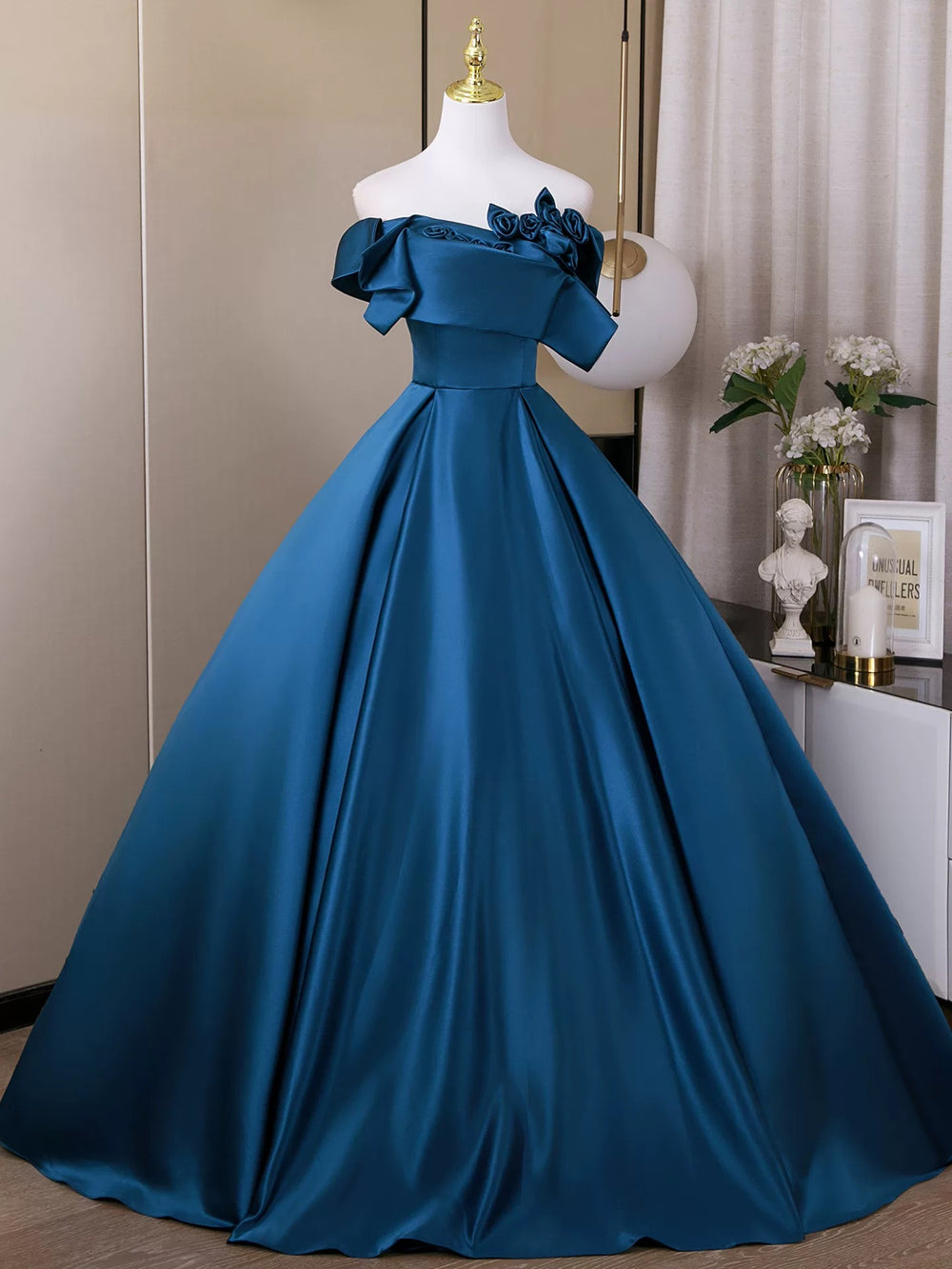 A-Line Off Shoulder Blue Long Prom Dress, Blue Long Formal Dress
