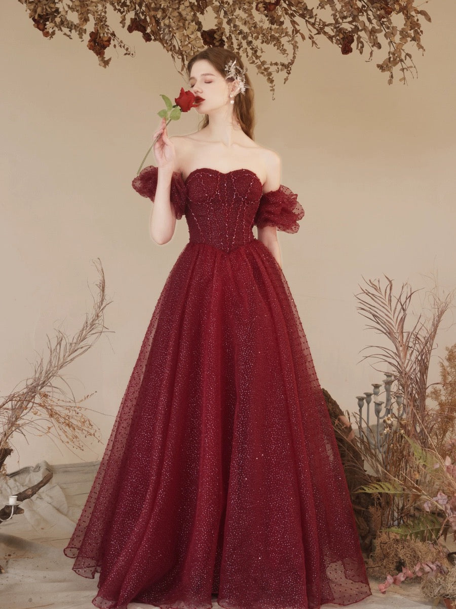 A-Line Sweetheart Neck Tulle Sequin Burgundy Long Prom Dress with Bead shdress A-Line Sweetheart Neck Tulle Sequin Burgundy Long Prom Dress with Bead shdress