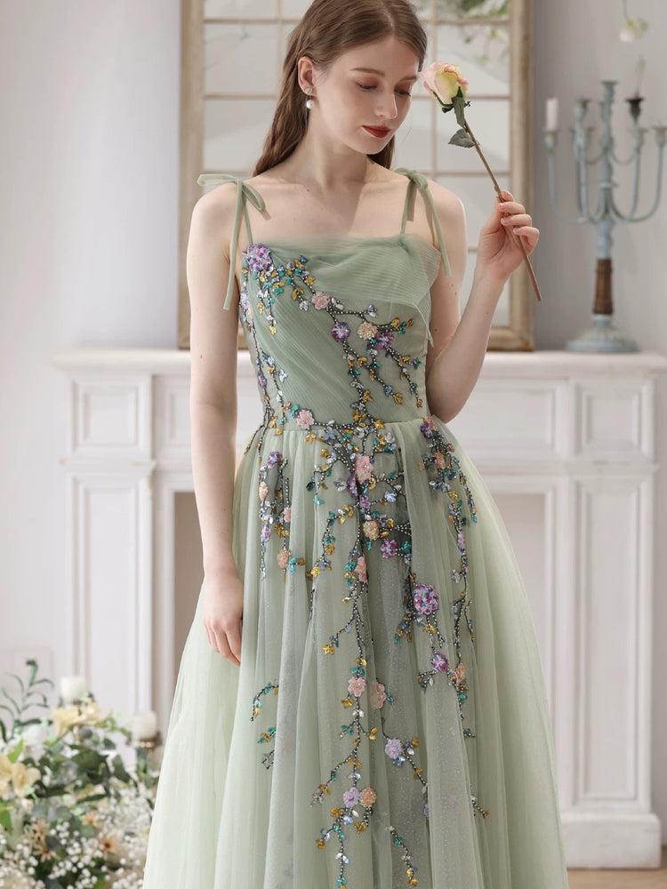 A-Line Tulle Lace Green Long Prom Dress, Green Long Formal Dress – shdress