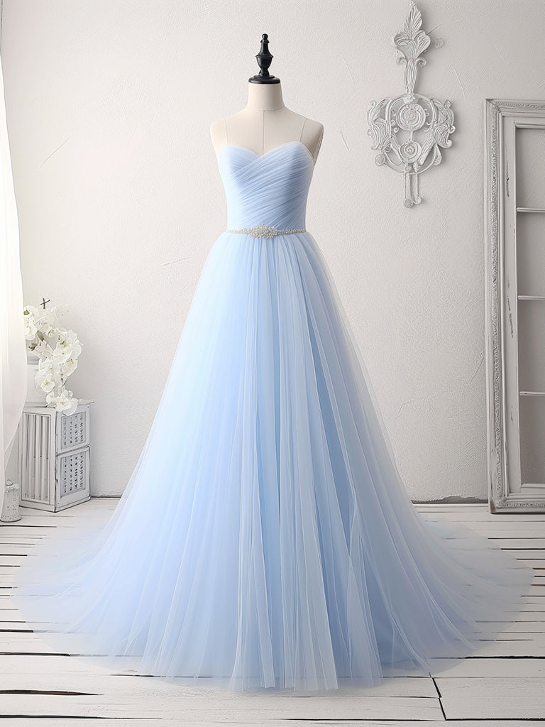 A-Line Sweetheart Neck Tulle Beads Blue Long Prom Dress, Blue Long Formal Dress
