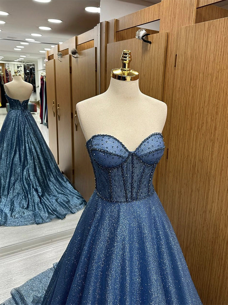A-Line Sweetheart Neck Tulle Beads Blue Long Prom Dress, Blue Long For shdress A-Line Sweetheart Neck Tulle Beads Blue Long Prom Dress, Blue Long For shdress