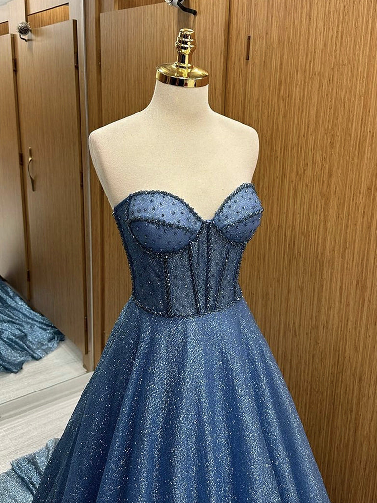 A-Line Sweetheart Neck Tulle Beads Blue Long Prom Dress, Blue Long For shdress A-Line Sweetheart Neck Tulle Beads Blue Long Prom Dress, Blue Long For shdress