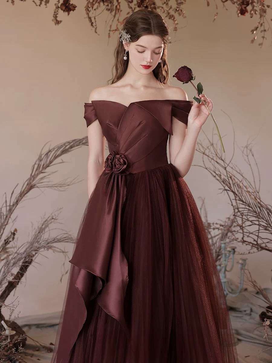 
                  
                    A-Line V Neck Satin Tulle Brown Red, Brown Red Long Formal Dress
                  
                