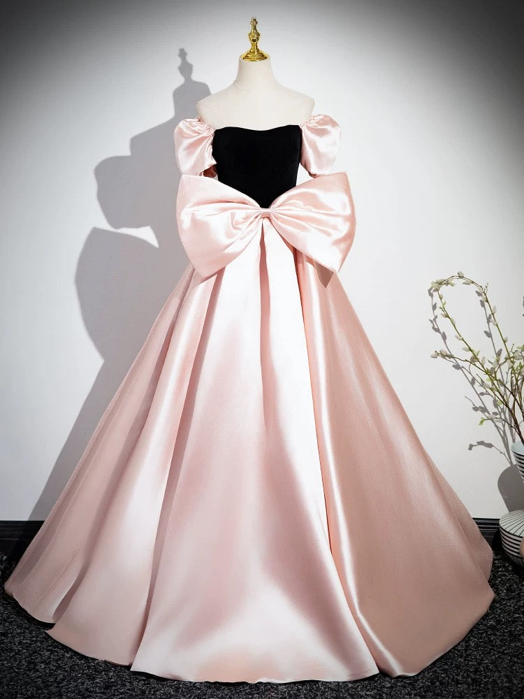 A-Line Puff Sleeves Pink Long Prom Dress, Pink Long Evening Dress