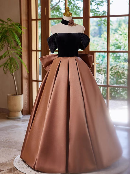 A-Line Satin Velvet Brown Long Prom Dress, Brown Long Formal Dress – shdress