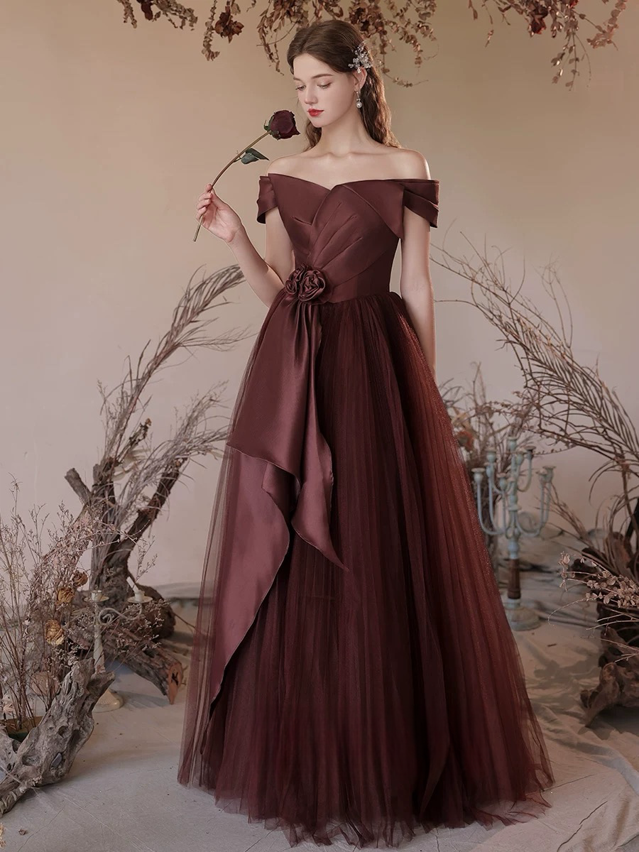 A-Line V Neck Satin Tulle Brown Red, Brown Red Long Formal Dress