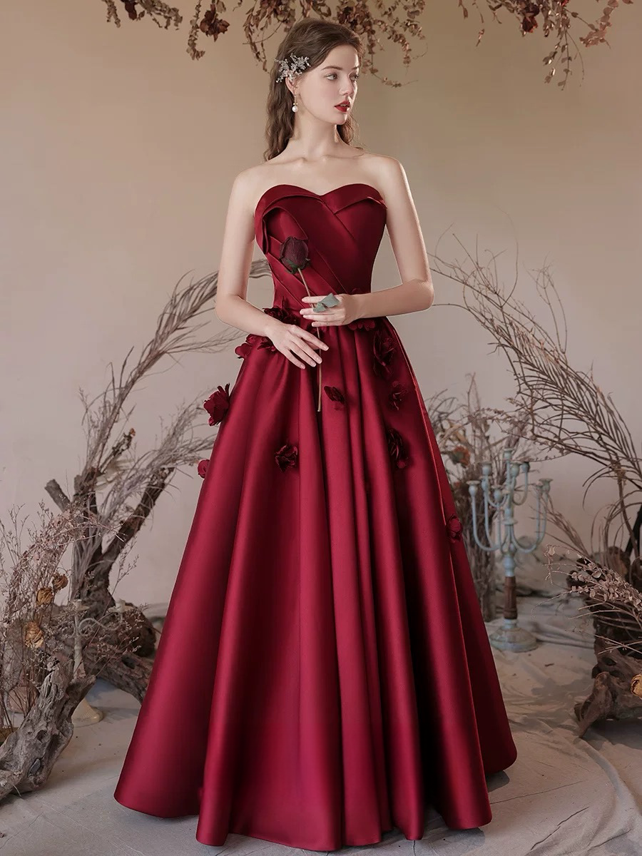 A-Line Sweetheart Neck Satin Burgundy Long Prom Dress, Burgundy Long Formal Dress