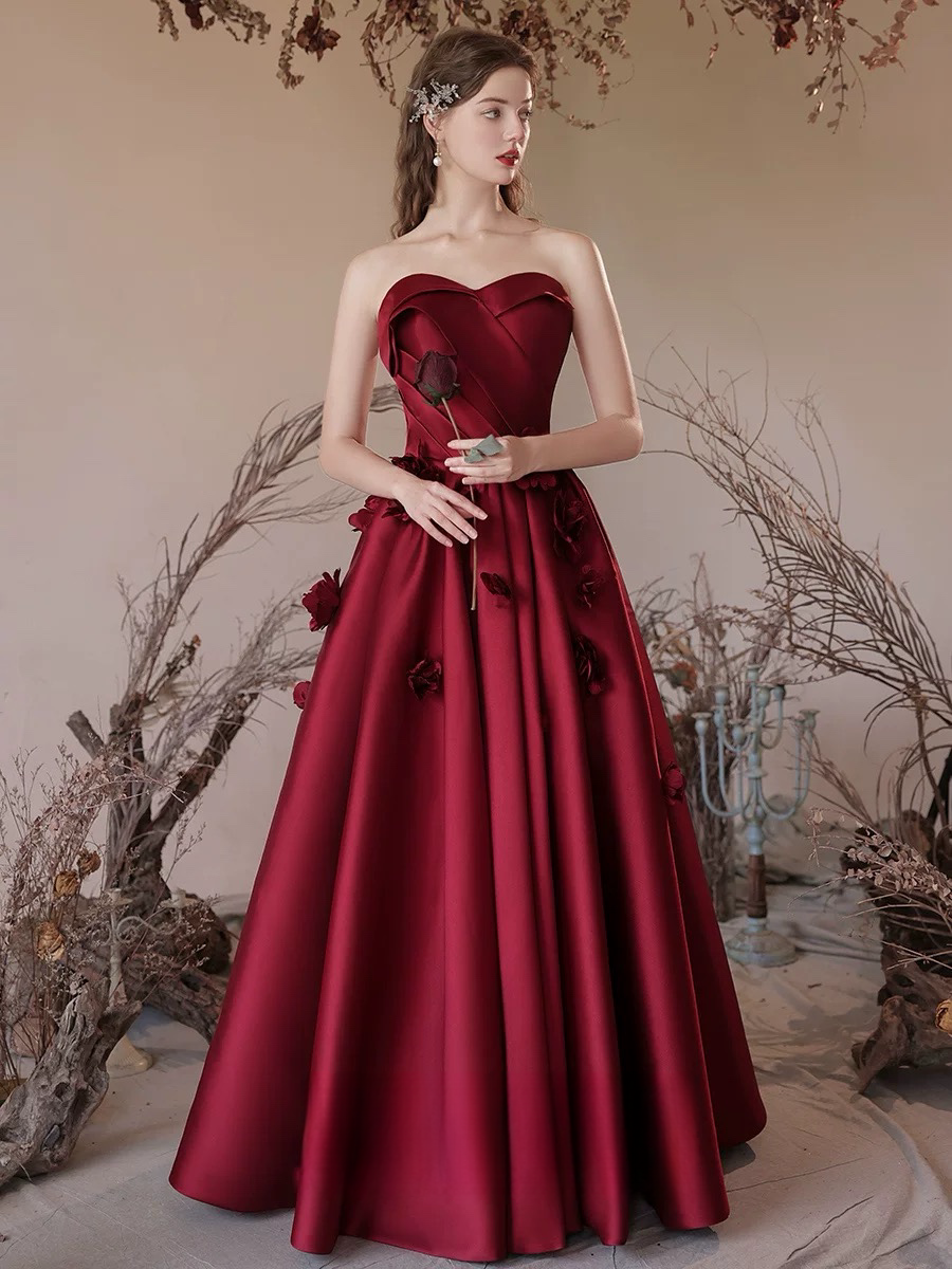 Unique burgundy lace long prom gown, bugrundy evening dress – shdress