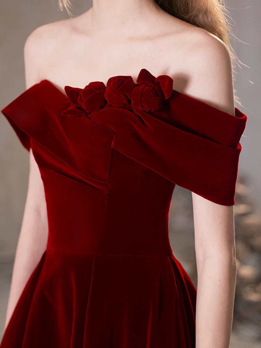 A-Line Off Shoulder Velvet Burgundy Long Prom Dress, Burgundy Long For shdress A-Line Off Shoulder Velvet Burgundy Long Prom Dress, Burgundy Long For shdress