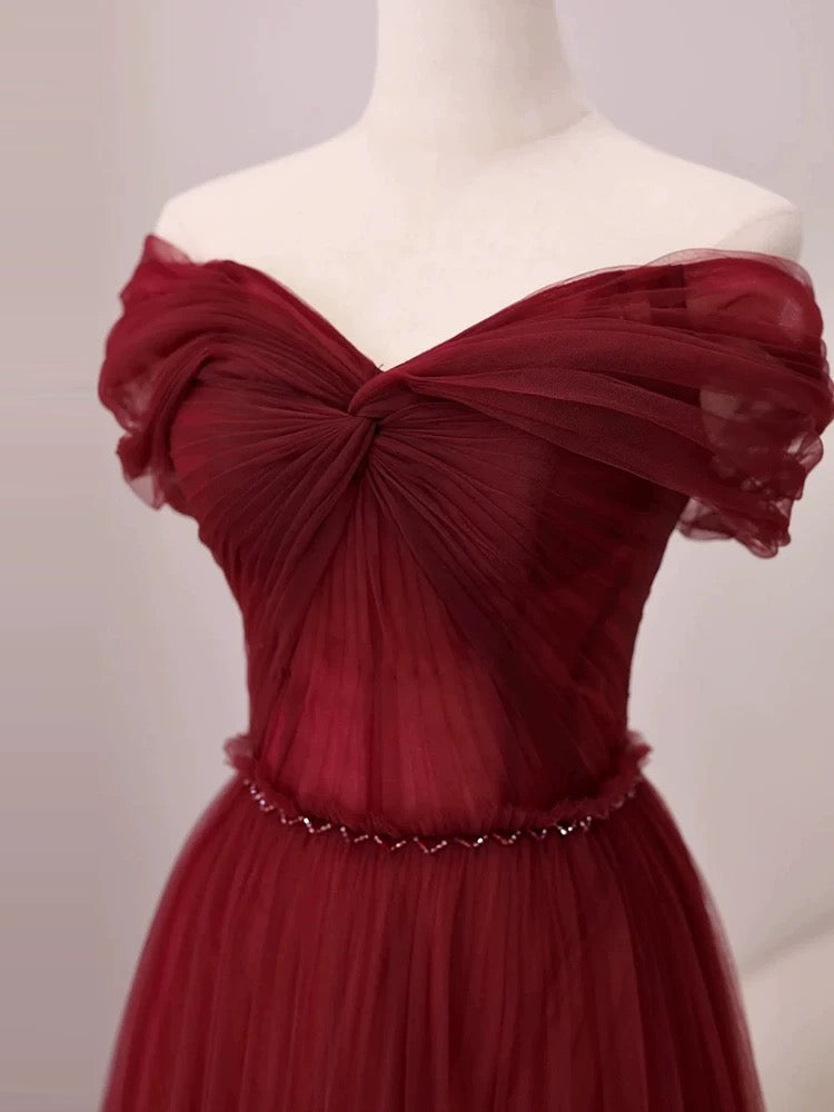 
                  
                    A-Line Off Shoulder Tulle Burgundy Long Prom Dress, Burgundy Long Formal Dress
                  
                