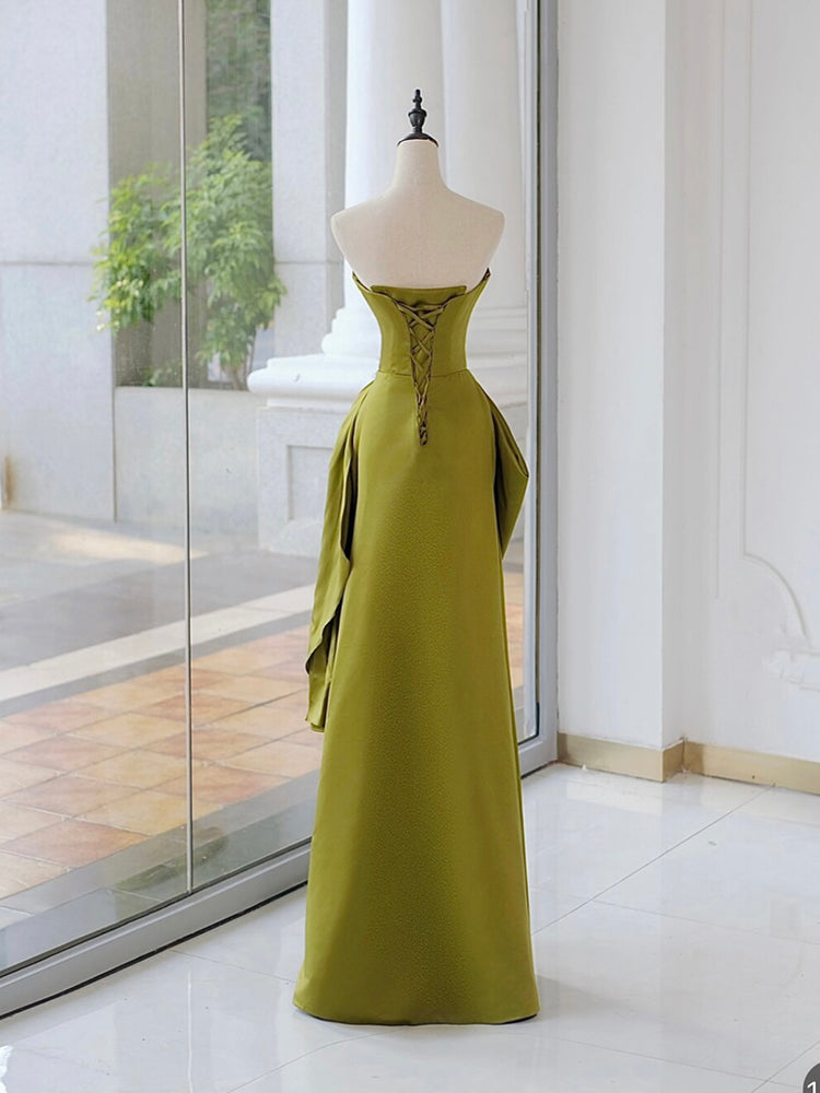 Unique Satin Flower Green Long prom Dress, Green Long Formal Dress