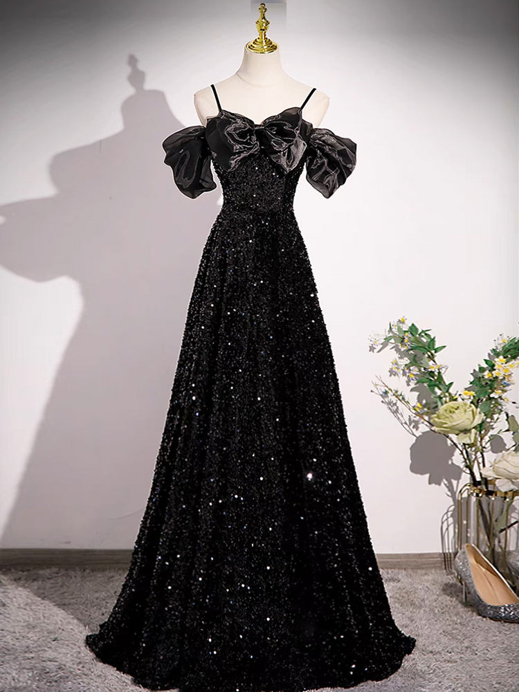 A-line Off Shoulder Velvet Sequin Long Prom Dress, Black Long Formal D