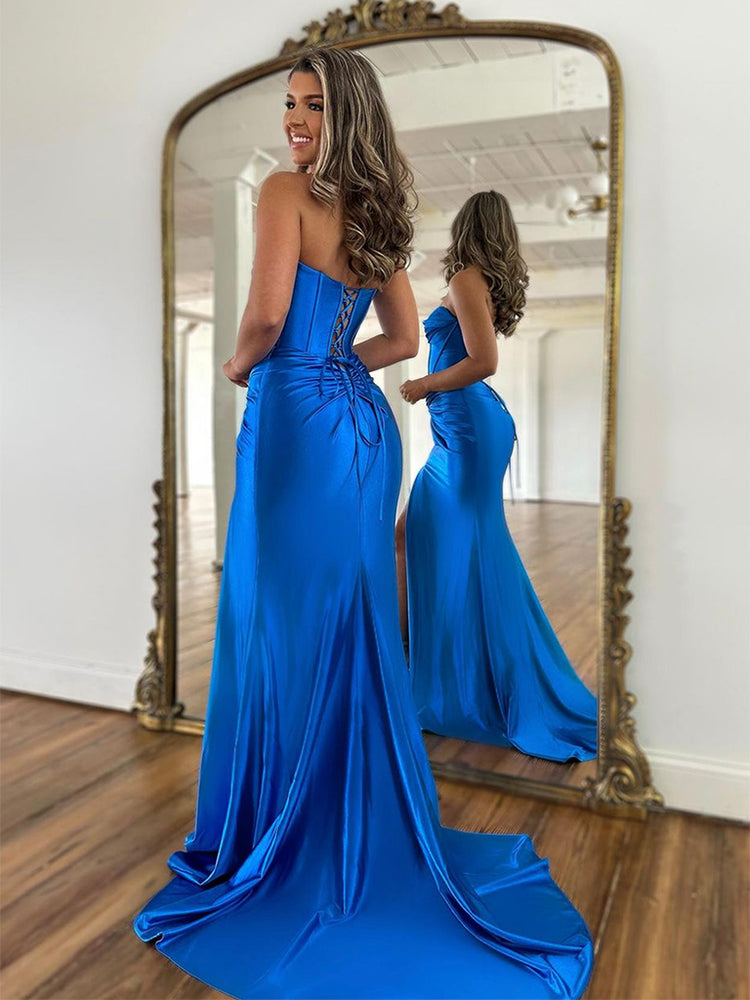 Blue Sweetheart Neck Mermaid Long Prom Dress, Blue Satin Evening Dress
