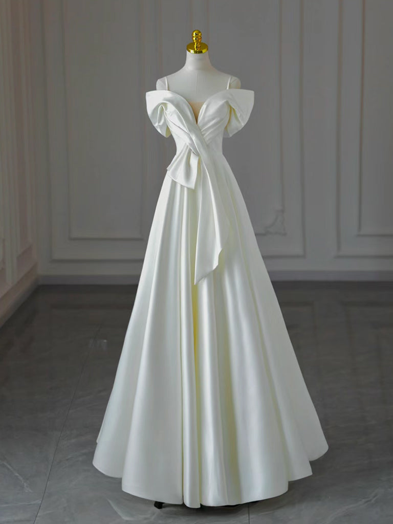 White A-Line Off Shoulder Satin Long Prom Dress, White Formal Dress