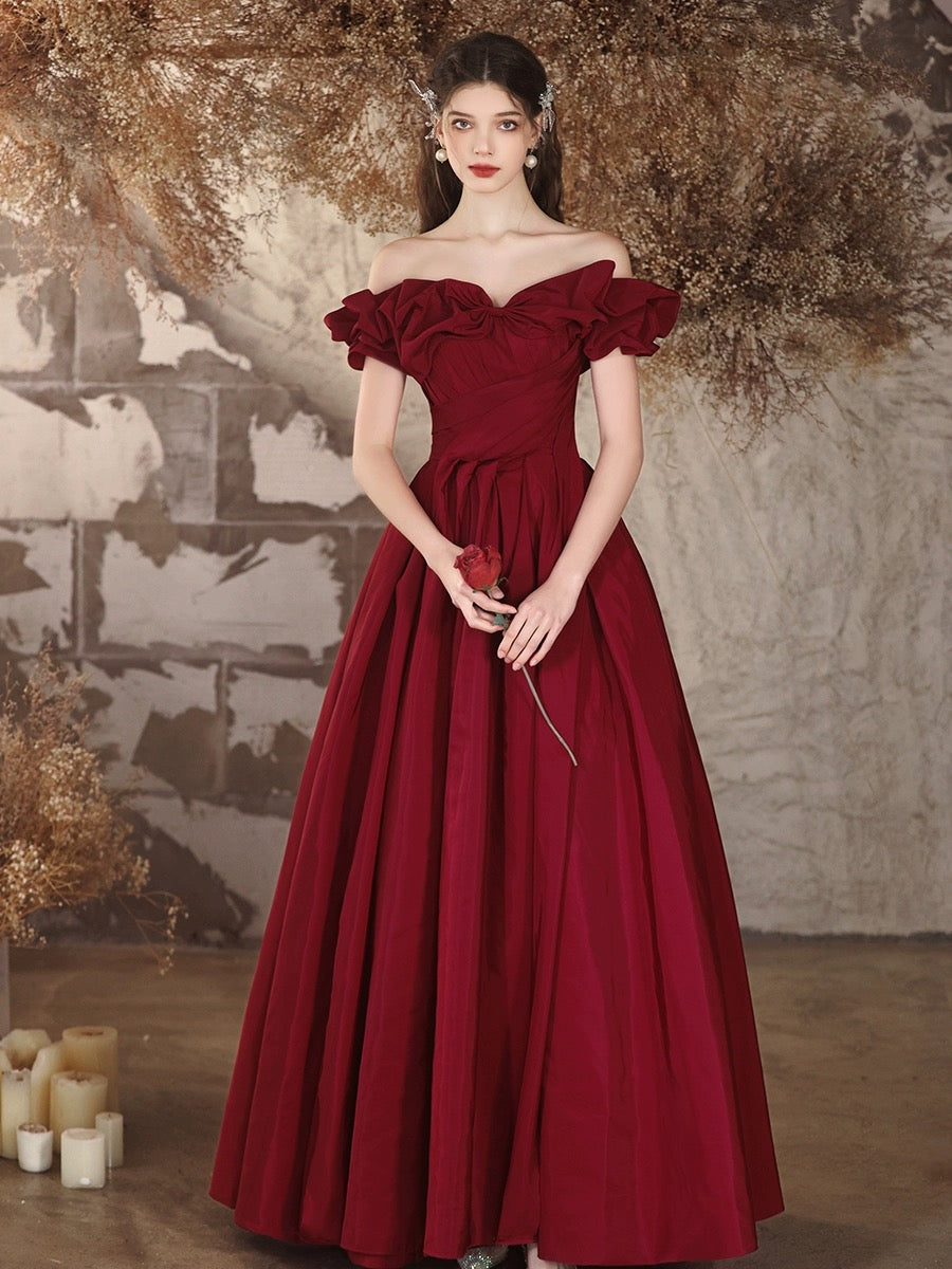 A-Line  Off Shoulder Satin Burgundy Long Prom Dress, Burgundy Long Formal Dress