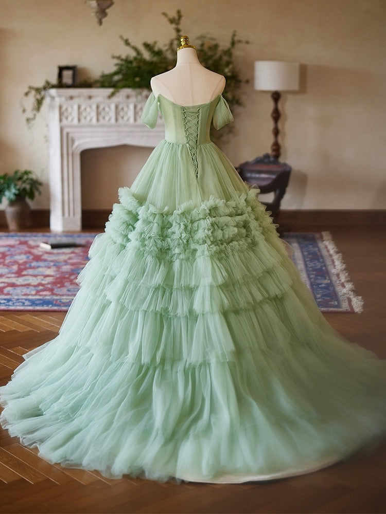 
                  
                    A-Line Off Shoulder Sweetheart Neck Tulle Green Long Prom Dress
                  
                