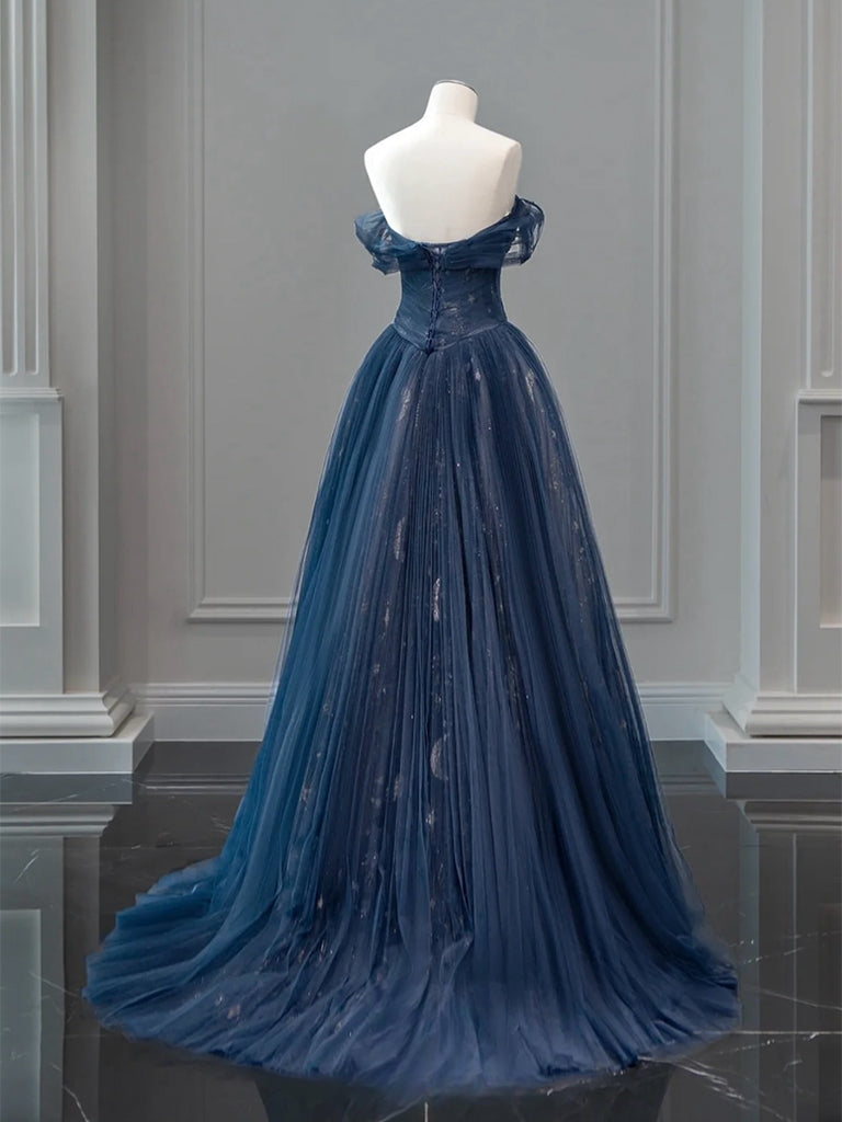 A-Line Off Shoulder Tulle Lace Dark Blue Long Prom Dress, Dark Blue Lo