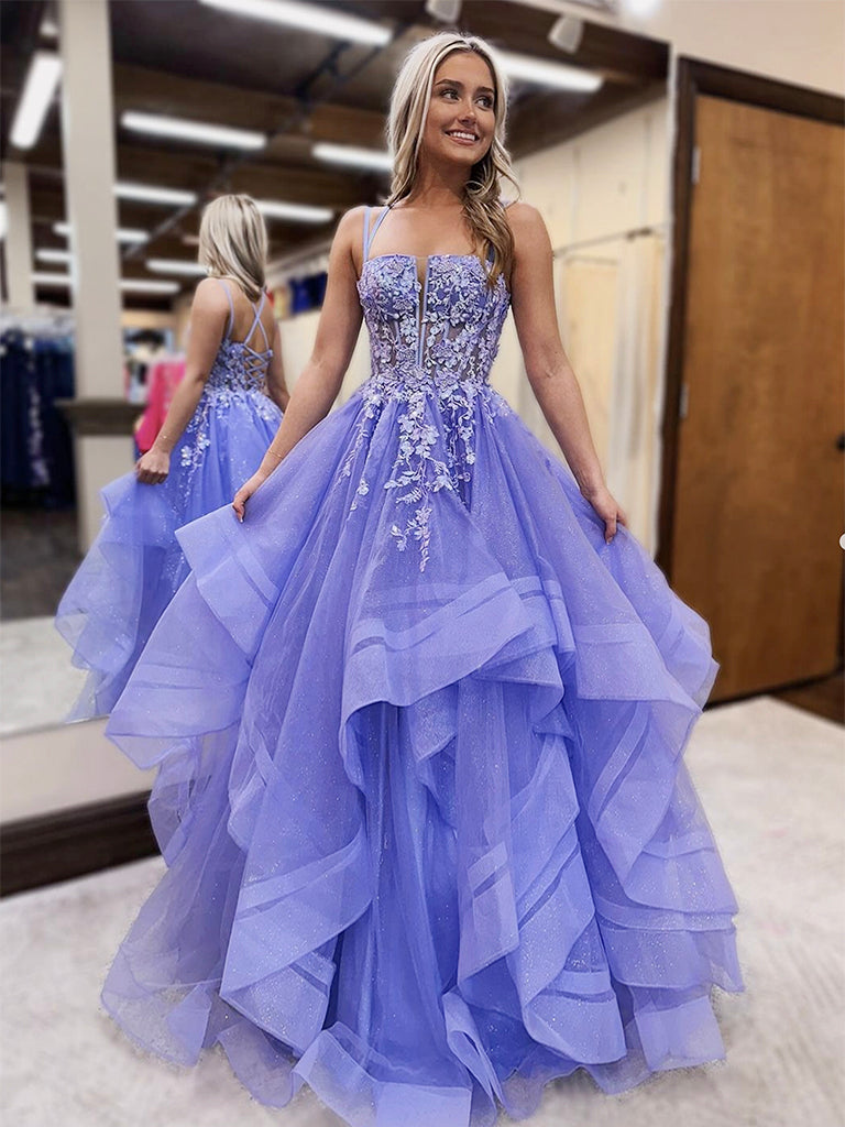 Purple A-Line Tulle Lace Long Prom Dress, Purple Long Graduation Dress shdress Purple A-Line Tulle Lace Long Prom Dress, Purple Long Graduation Dress shdress