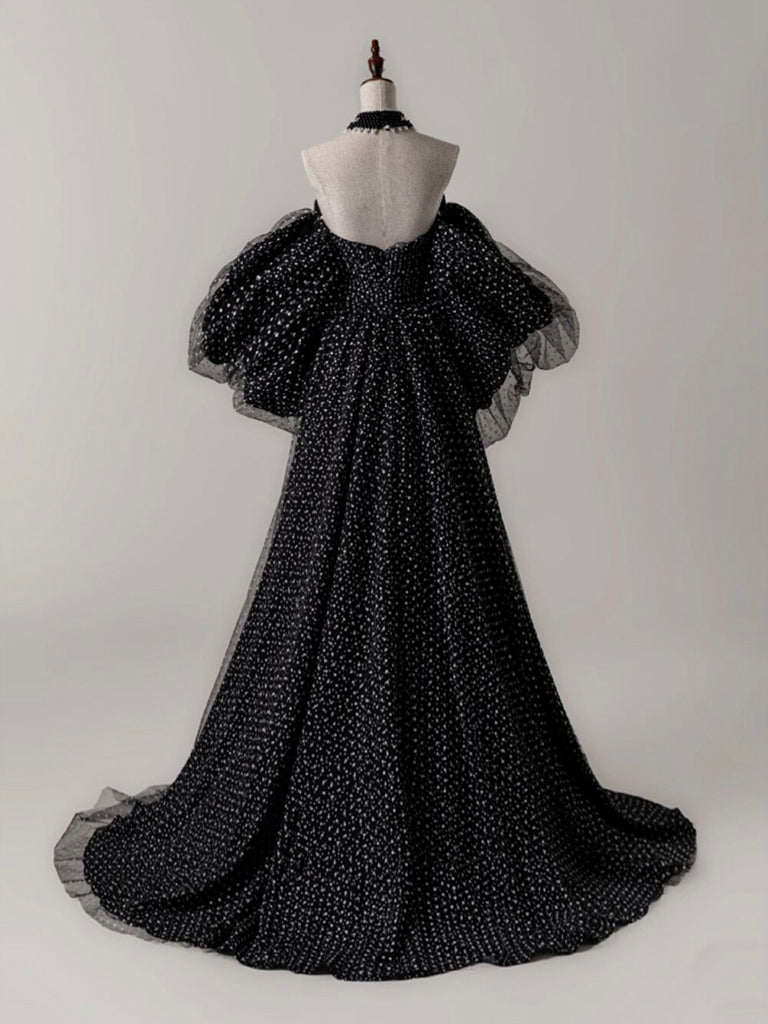 A-Line Black Tulle Long Prom Dress, Black Long Formal Dress
