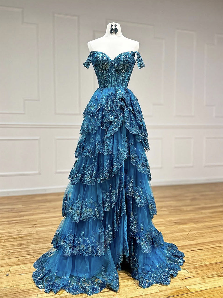 A-Line Sweetheart Neck Tulle Sequin Blue Long Prom Dress, Blue Formal shdress A-Line Sweetheart Neck Tulle Sequin Blue Long Prom Dress, Blue Formal shdress