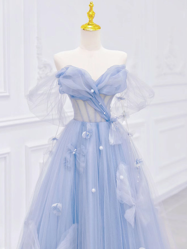 A-Line Off Shoulder Tulle Blue Long Prom Dress, Blue Long Formal Dress shdress A-Line Off Shoulder Tulle Blue Long Prom Dress, Blue Long Formal Dress shdress