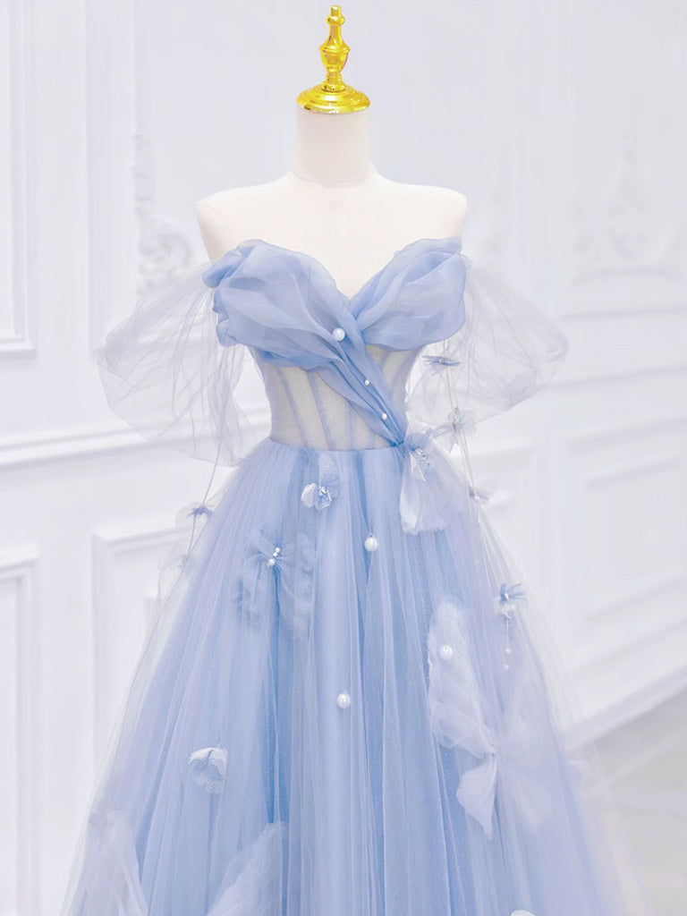 
                  
                    A-Line Off Shoulder Tulle Blue Long Prom Dress, Blue Long Formal Dress
                  
                