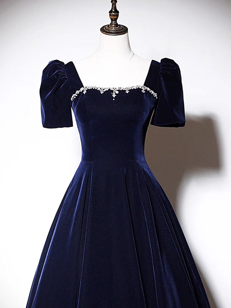 A-Line Dark Blue Velvet Long Prom Dress, Blue Formal Evening Dress shdress A-Line Dark Blue Velvet Long Prom Dress, Blue Formal Evening Dress shdress