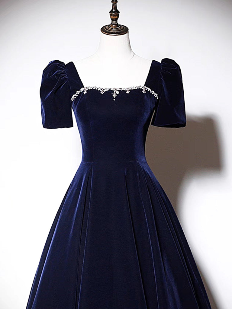 
                  
                    A-Line Dark Blue Velvet Long Prom Dress, Blue Formal Evening Dress
                  
                