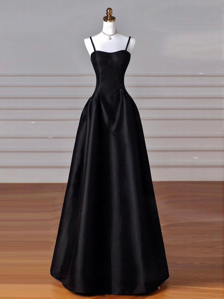 black silk prom dress A-Line Sweetheart Neck Satin Black Long Prom Dress, Black Long Formal – shdress