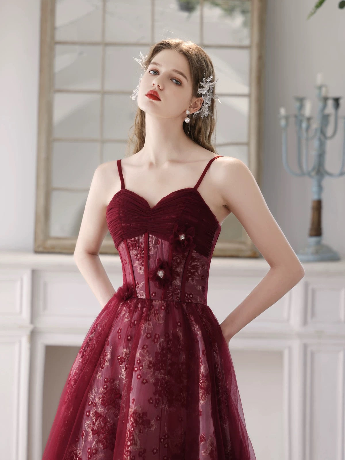 
                  
                    A-Line Tulle Lace Burgundy Long Prom Dress, Burgundy Long Formal Dress
                  
                