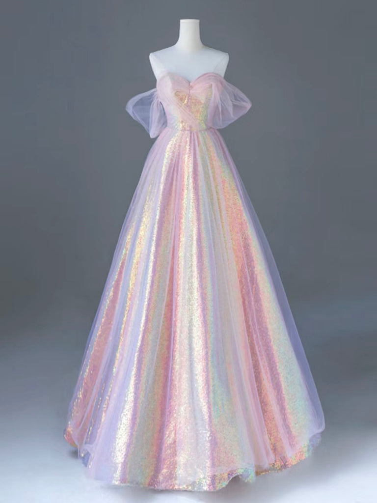 A-Line Tulle Sequin Pink Long Prom Dress, Pink Tulle Long Formal Dress shdress A-Line Tulle Sequin Pink Long Prom Dress, Pink Tulle Long Formal Dress shdress