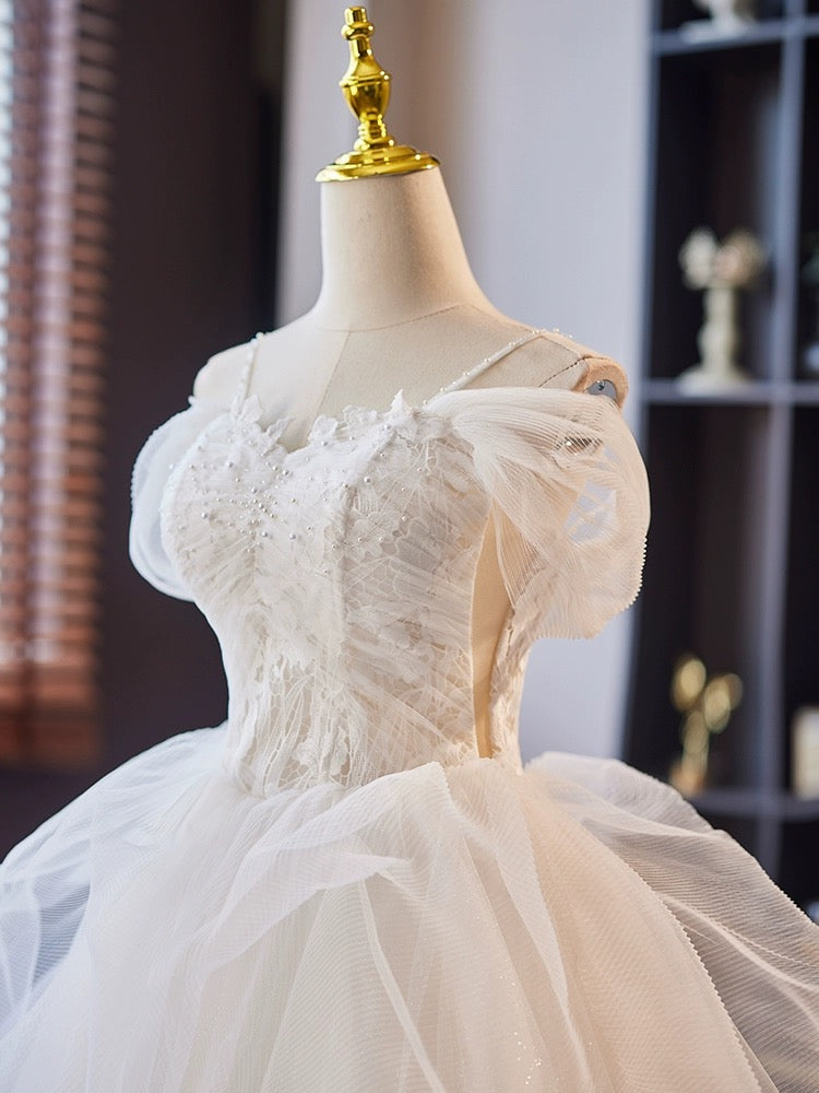 A-Line Off Shoulder Tulle Lace Short prom Dress, White Homecoming Dres – shdress