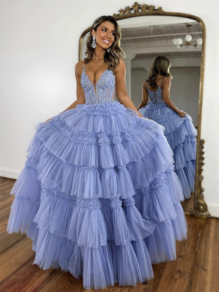 A-Line V Neck Tulle Lace Blue Long Prom Dress, Blue Long Formal Dress