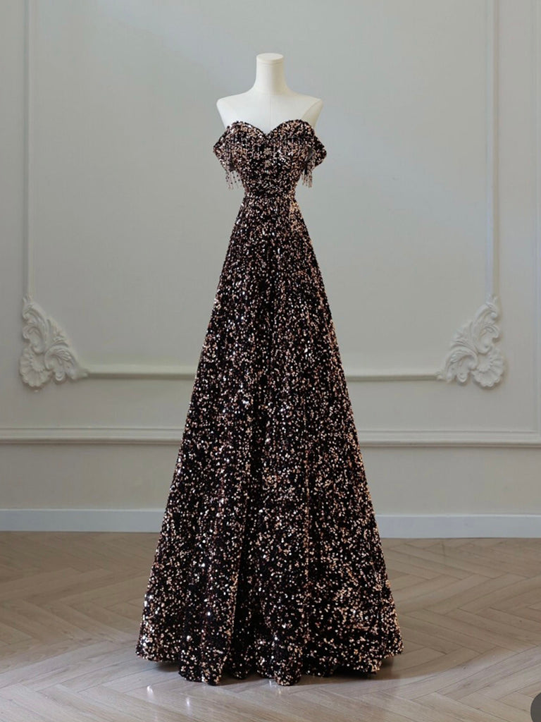A-Line Off Shoulder Sequin Brown Long Prom Dress, Brown Long Evening D shdress A-Line Off Shoulder Sequin Brown Long Prom Dress, Brown Long Evening D shdress