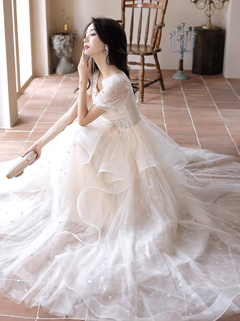 champagne tulle lace long prom dress Champagne Round Neck Tulle Lace Long Prom Dress Tulle Evening Dress US 16 / Champange