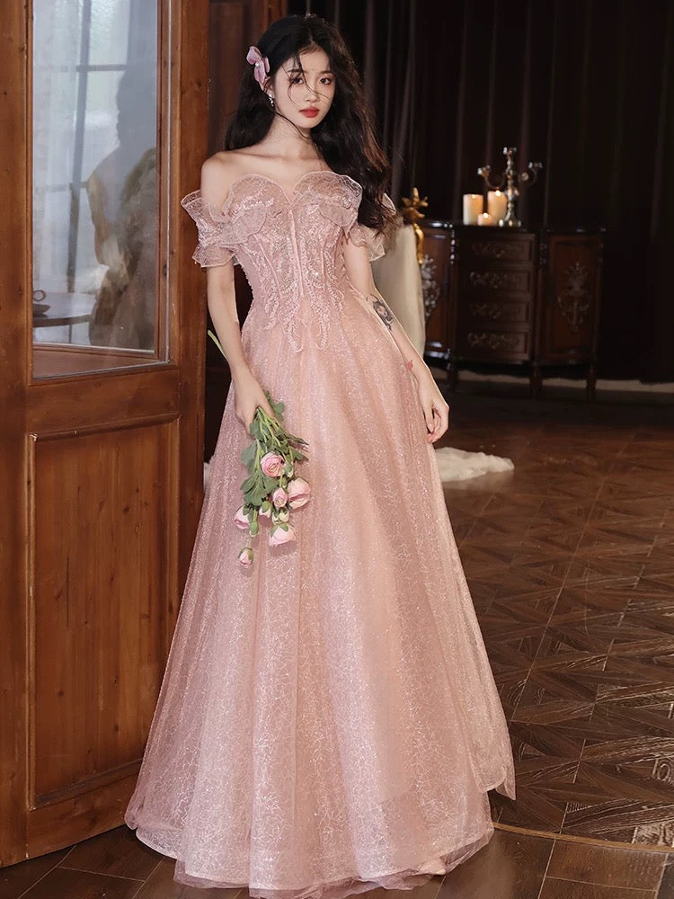 A-Line Off Shoulder Tulle Sequin Pink Long Prom Dress, Pink Long Forma