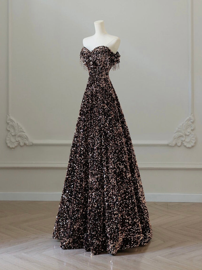 A-Line Off Shoulder Sequin Brown Long Prom Dress, Brown Long Evening D shdress A-Line Off Shoulder Sequin Brown Long Prom Dress, Brown Long Evening D shdress