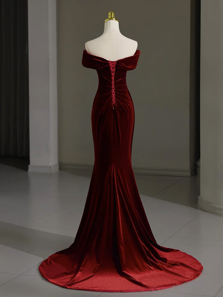 prom dresses red velvet Mermaid Velvet Burgundy Long Prom Dress, Burgundy Long Formal Dress – shdress
