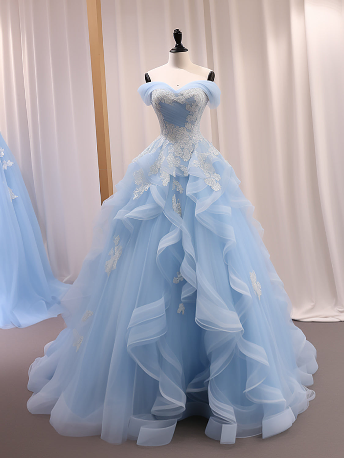 A-Line Sweetheart Neck Off Shoulder Tulle Lace Blue Long Prom Dress, Blue Sweet 16 Dress