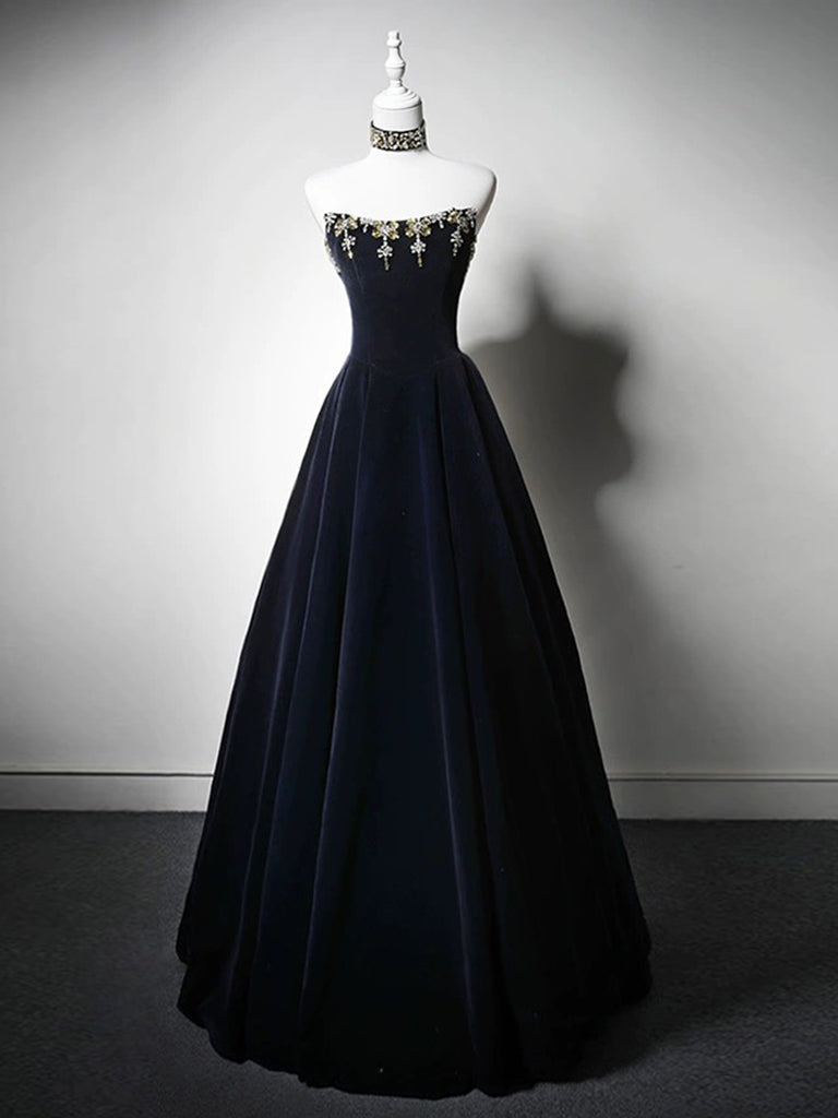 A-Line Velvet Dark Blue Long Prom Dress With Beads