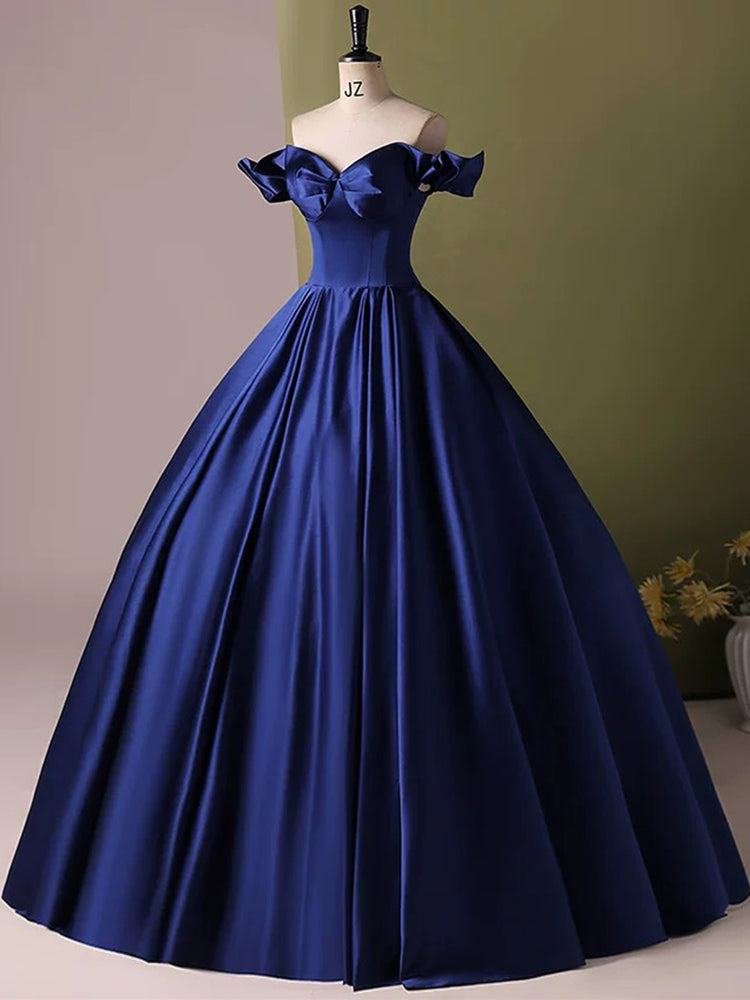 
                  
                    A-Line Off Shoulder Satin Blue Long Prom Dress, Blue Long Formal Dress
                  
                